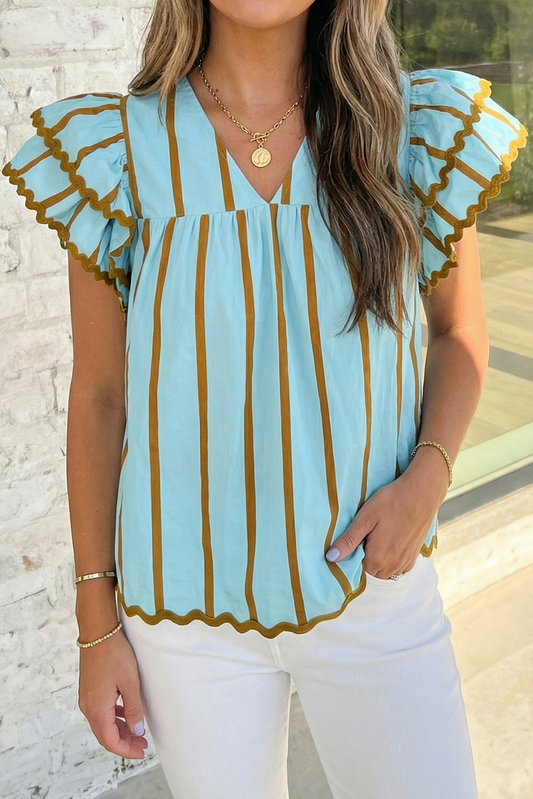 Stripe Trim Ruffle V Neck Blouse