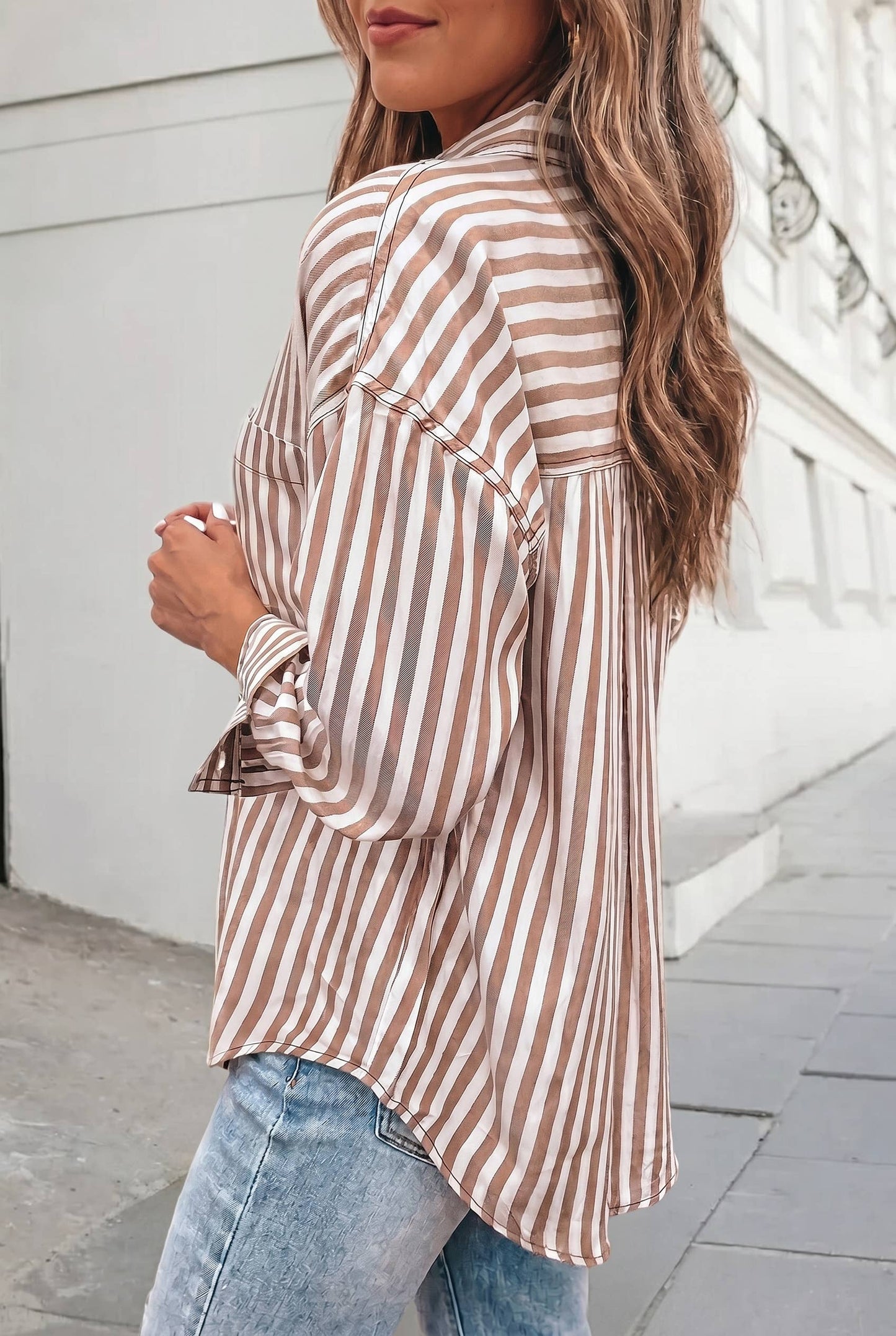 Brown and white striped button down
