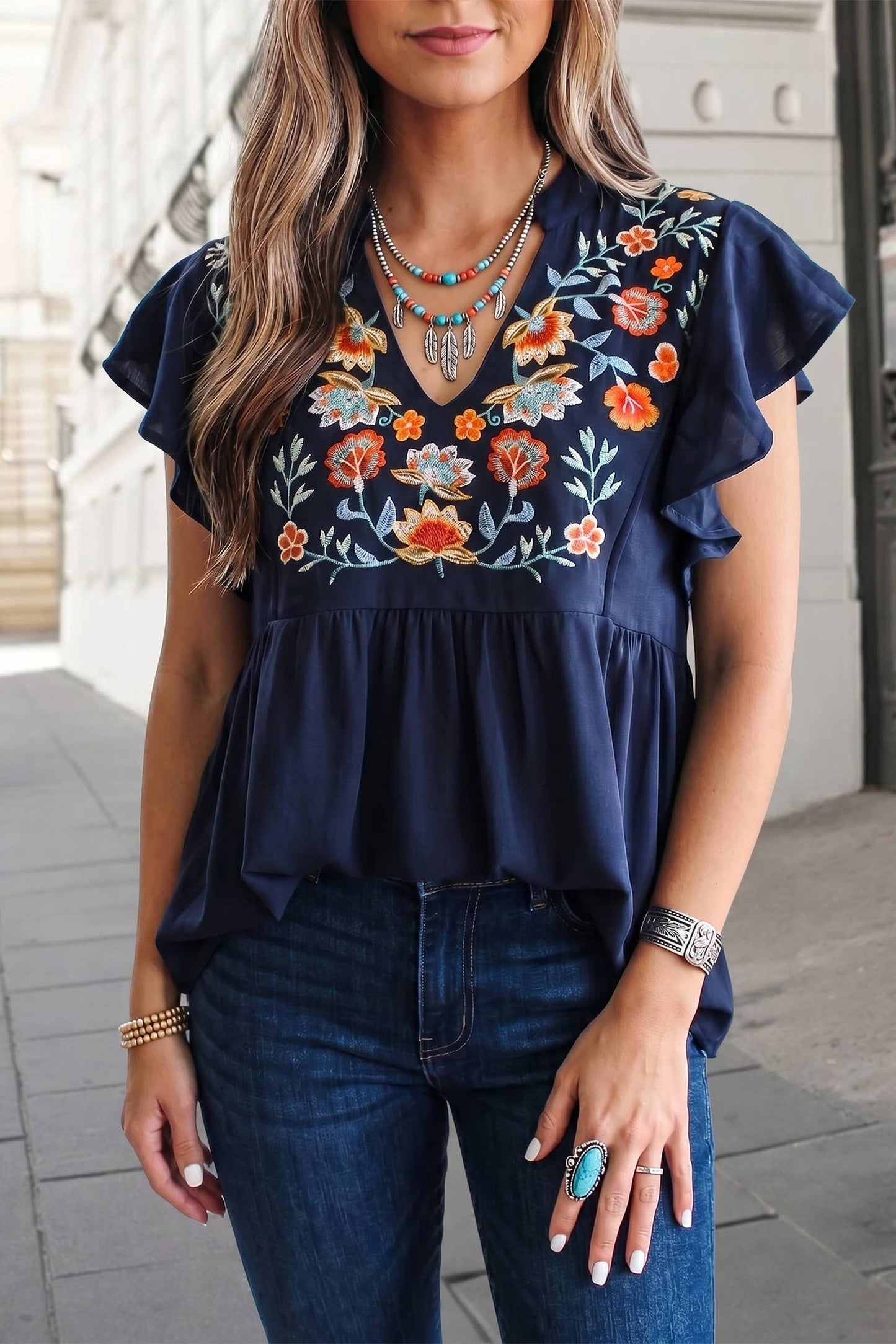 Floral Embroidered Detail Babydoll Blouse