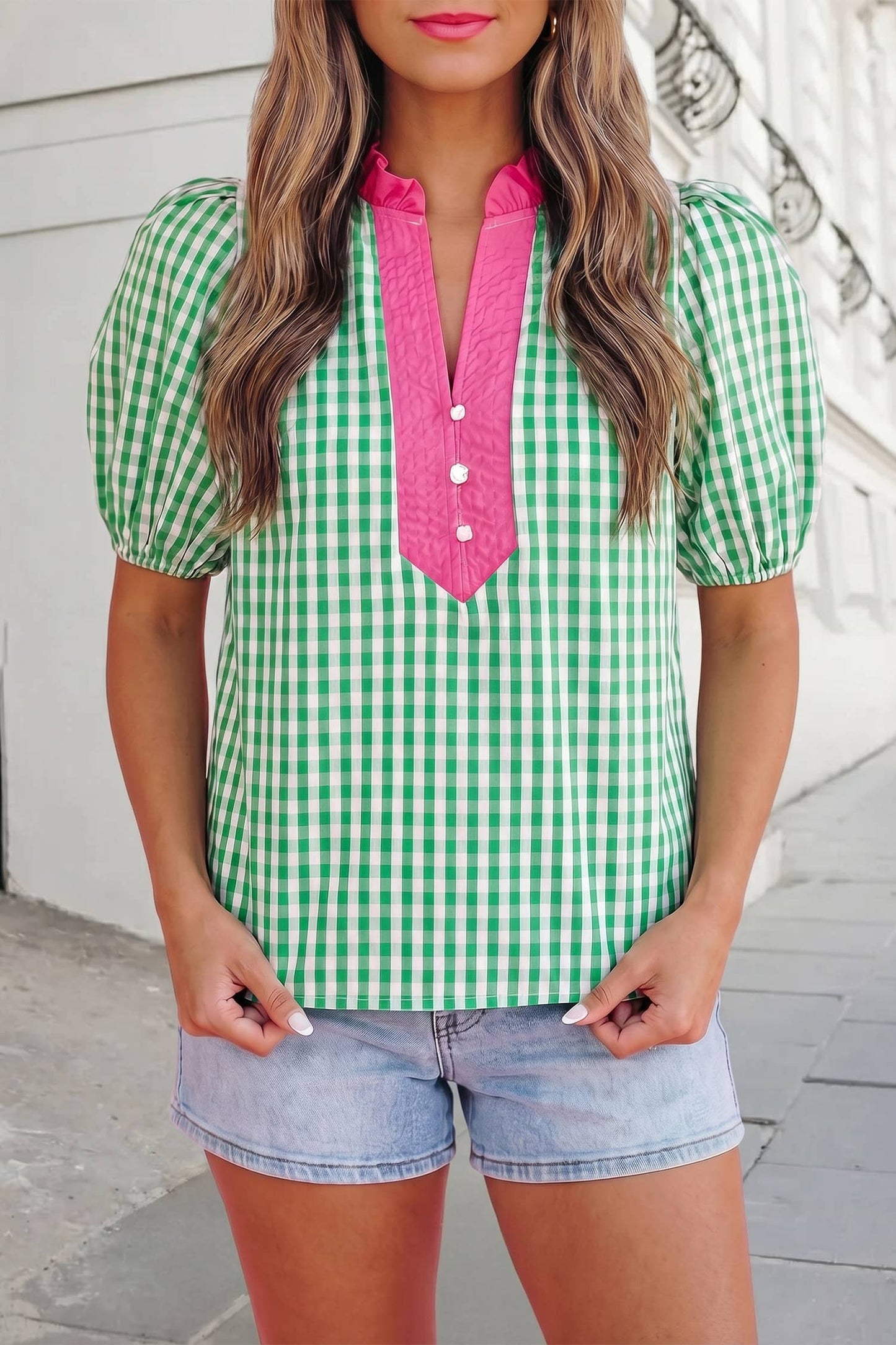 Plaid Print Bubble Sleeve top