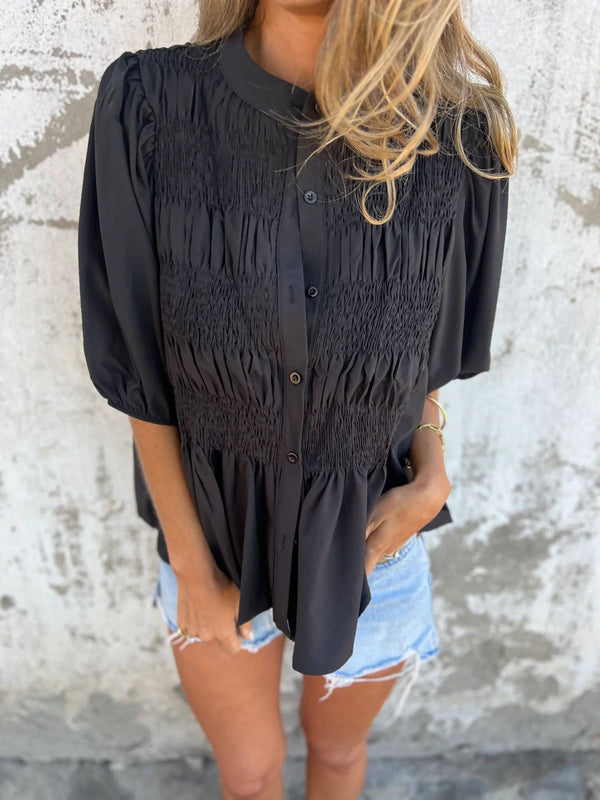 Solid Color Round Neck Button Up Shirt