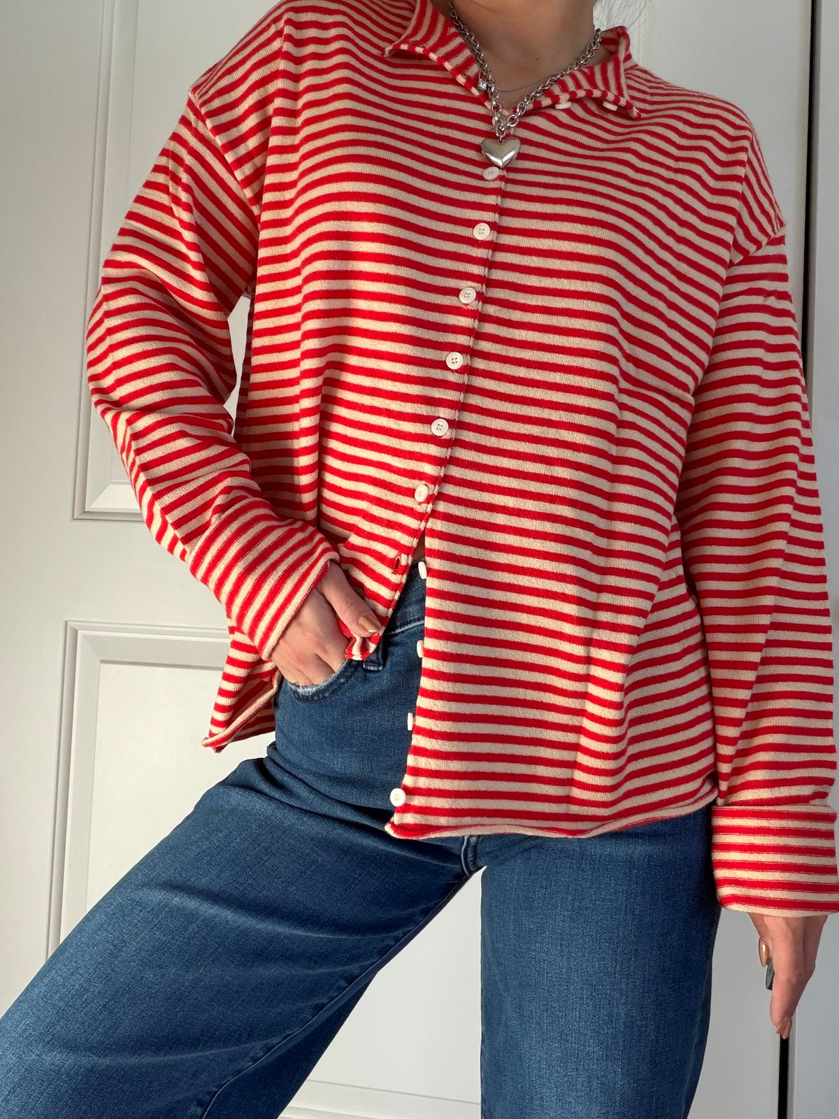Red and tan button up long sleeve