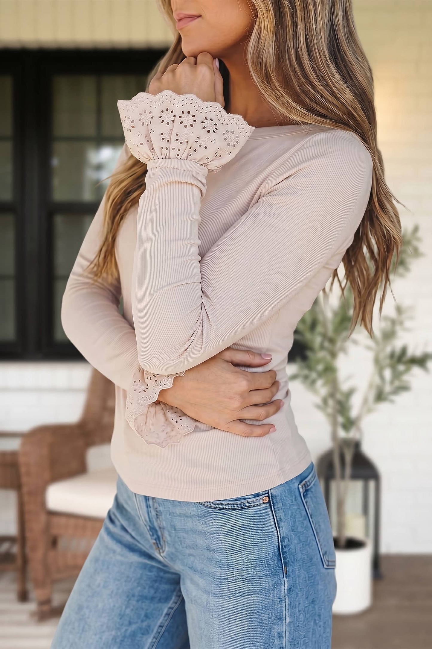 Boat neck Lace Cuff Long Sleeve Top
