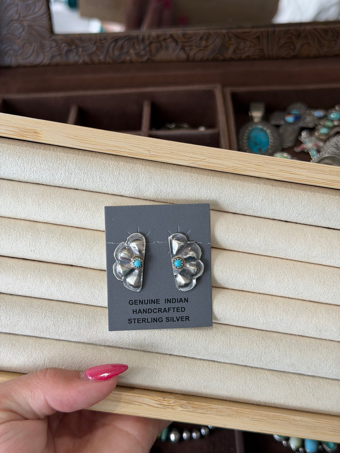 Half concho earrings with turquoise