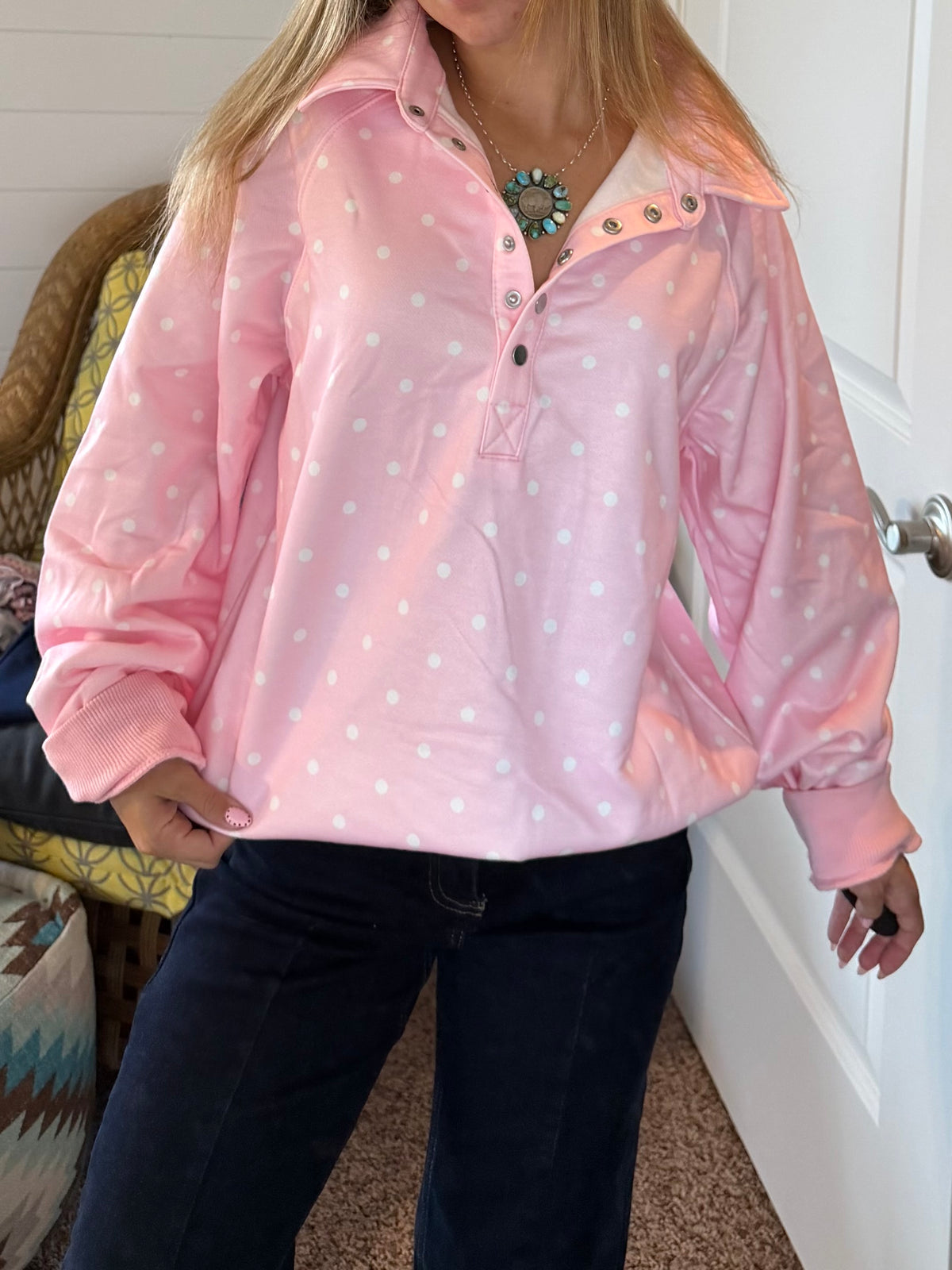 Pink polka dot mock neck sweatshirt