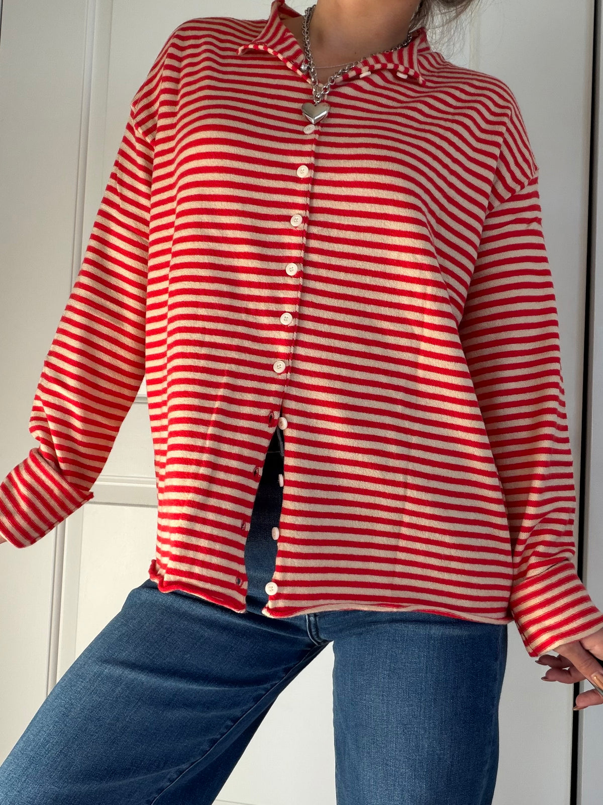 Red and tan button up long sleeve