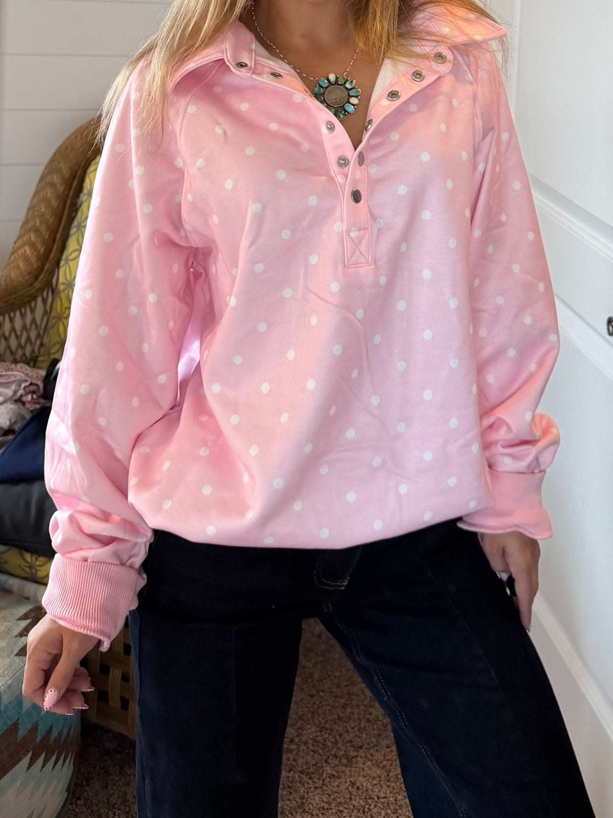 Pink polka dot mock neck sweatshirt