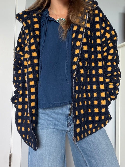 Blue and yellow Plaid Sherpa Fleece Jacket