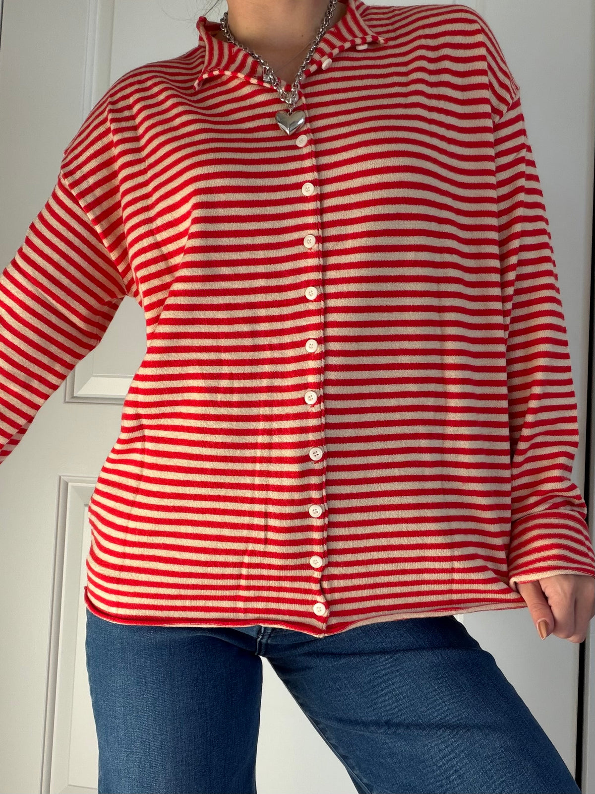 Red and tan button up long sleeve