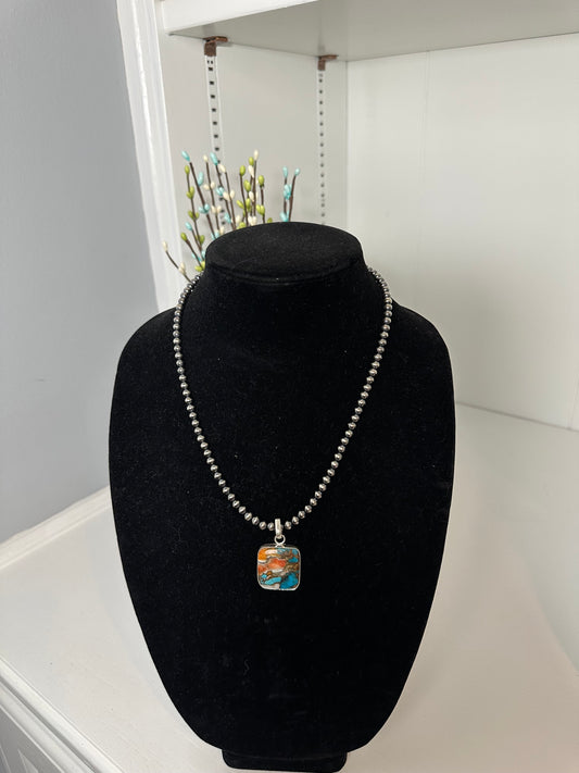 Square Kingman turquoise and spiny oyster pendant