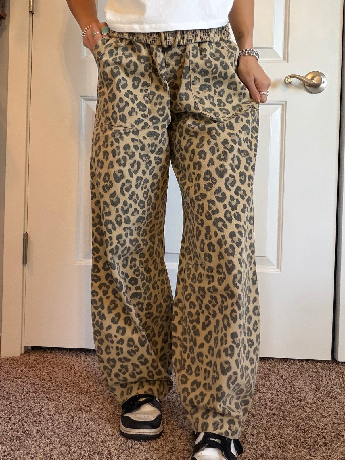 Leopard print drawstring barrel jeans