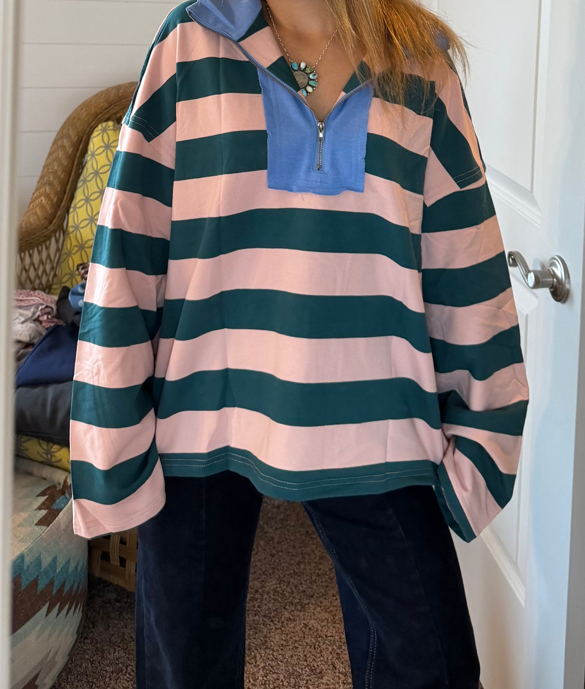 Green and pink Striped Quarter-Zip