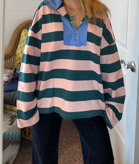 Green and pink Striped Quarter-Zip