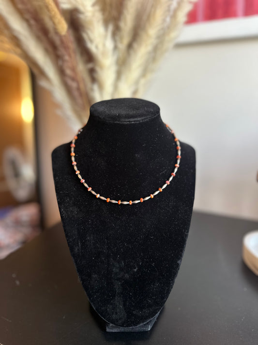 Torpedo and orange spiny Navajo pearl necklace