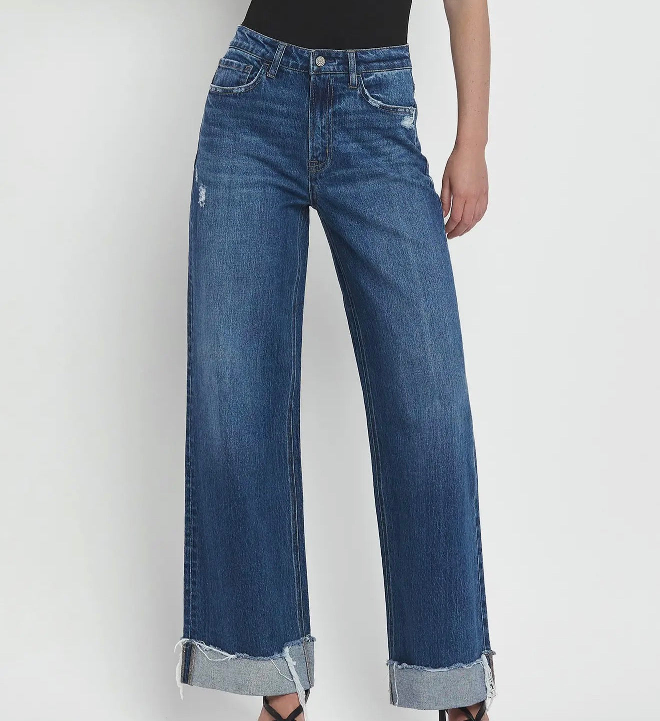 High rise cuffed baggy wide leg jeans