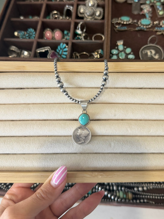 Turquoise & liberty dime pendant