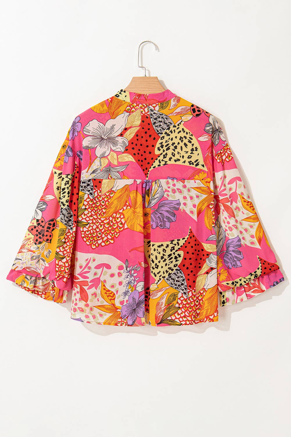 Floral Print Buttoned Ruffled Bubble Sleeve Shirt