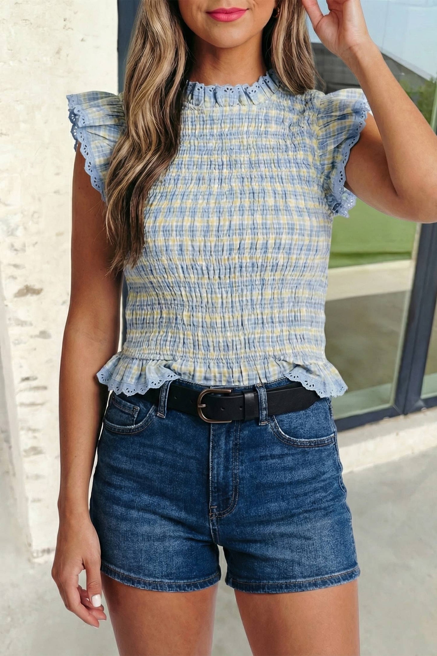 Blue and yellow smocked top