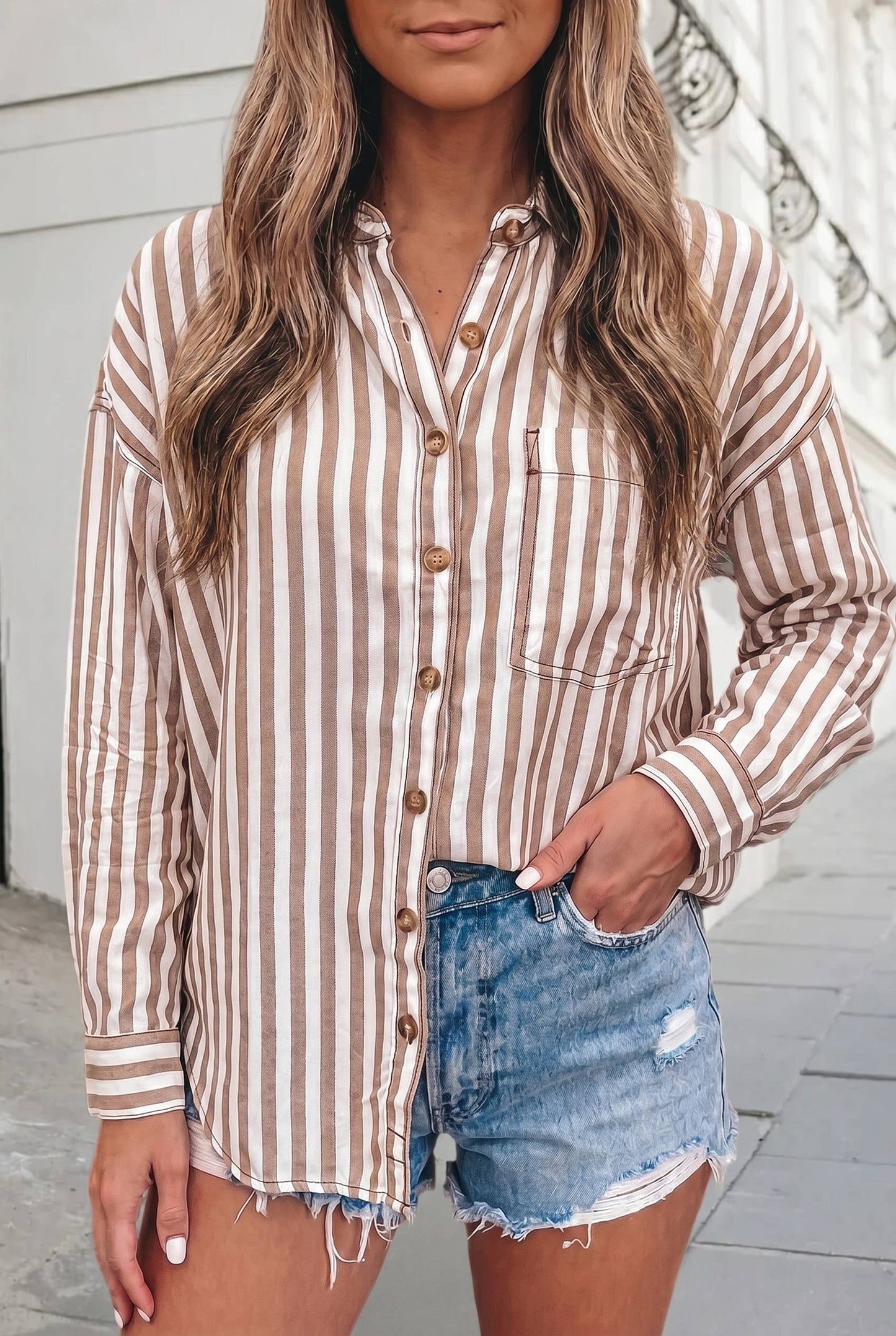 Brown and white striped button down