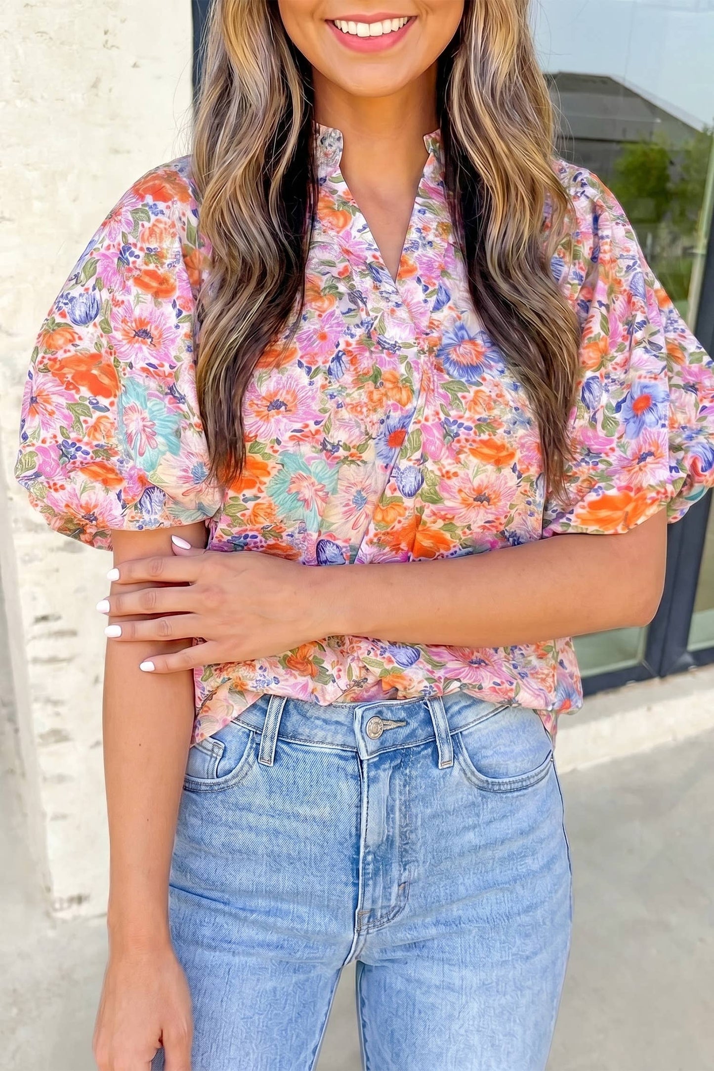 Floral V Neck Short Sleeve Blouse