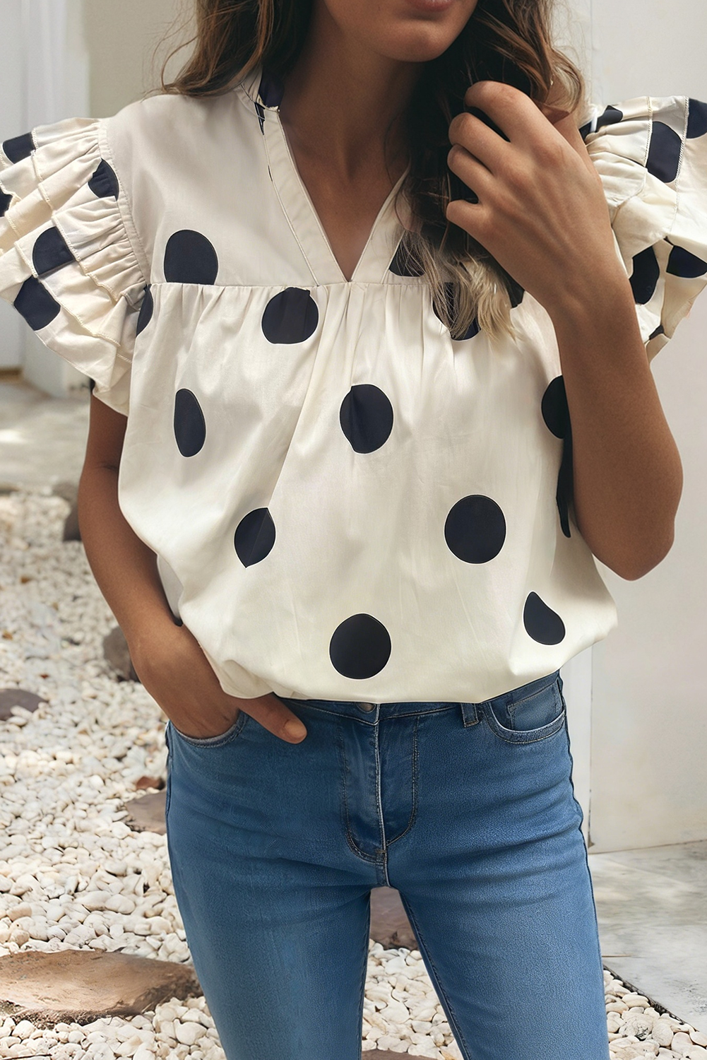 Polka Dot Ruffle Sleeve Blouse