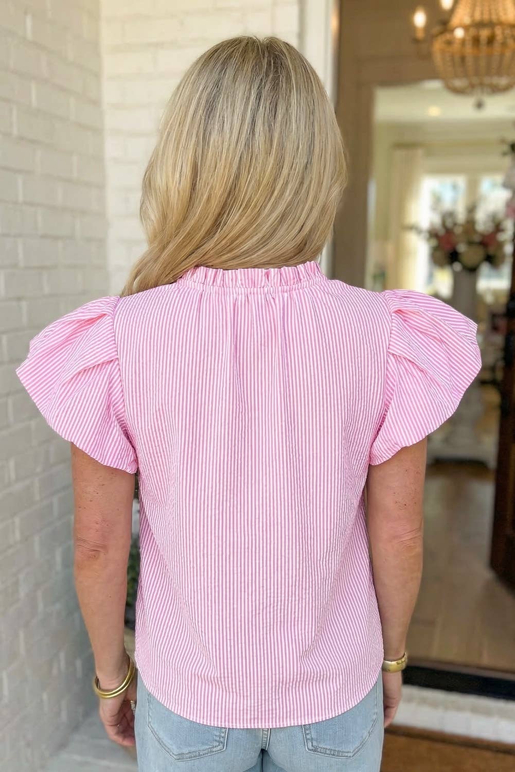Pink stripe Short Bubble Sleeve top