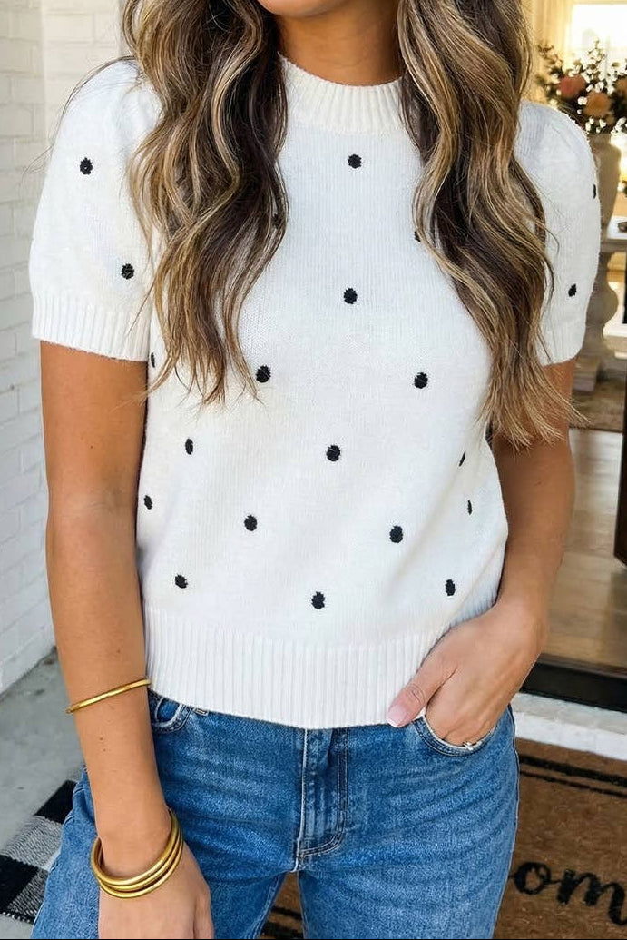 Polka Dot Bubble Short Sleeve Sweater