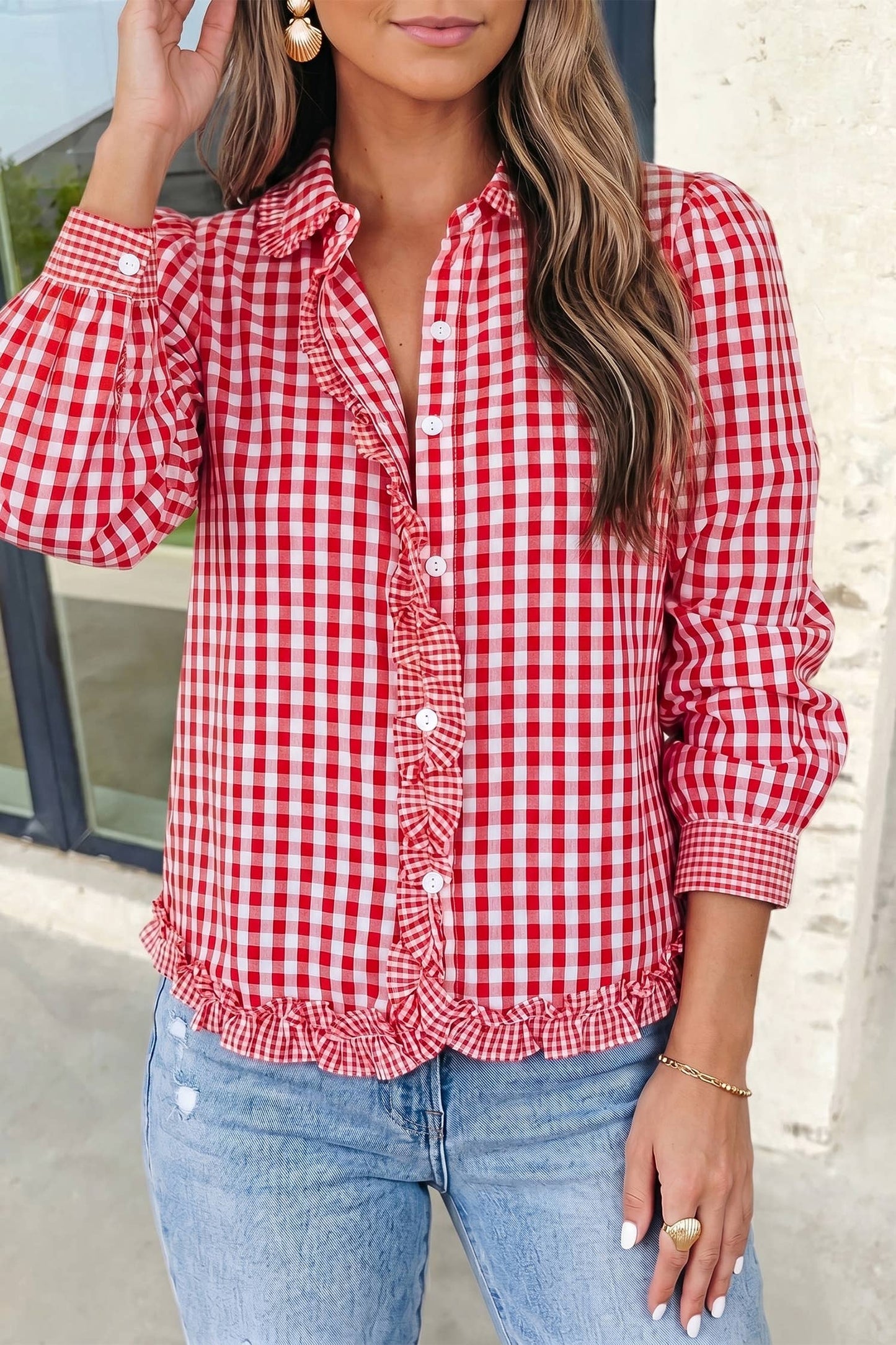 Plaid Pirnt Collar Long Sleeve Casual Shift Shirt